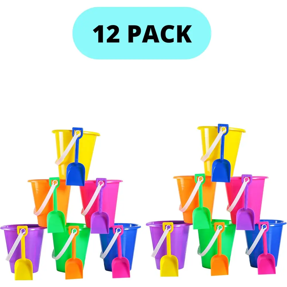 4E’s 12 Pack Beach Buckets with Shovels – Durable Sand Buckets for Kids Perfect for Outdoor Play