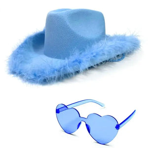 4E's Light Blue Cowboy Hat with Feathers Heart Glasses – Rodeo