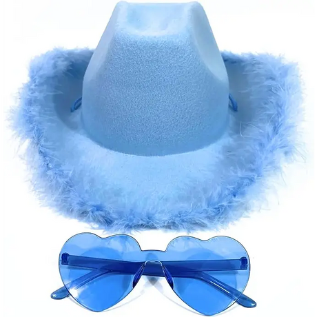 4E’s Light Blue Cowboy Hat with Feathers & Heart Glasses – Rodeo Costume Set - Costume Accessories