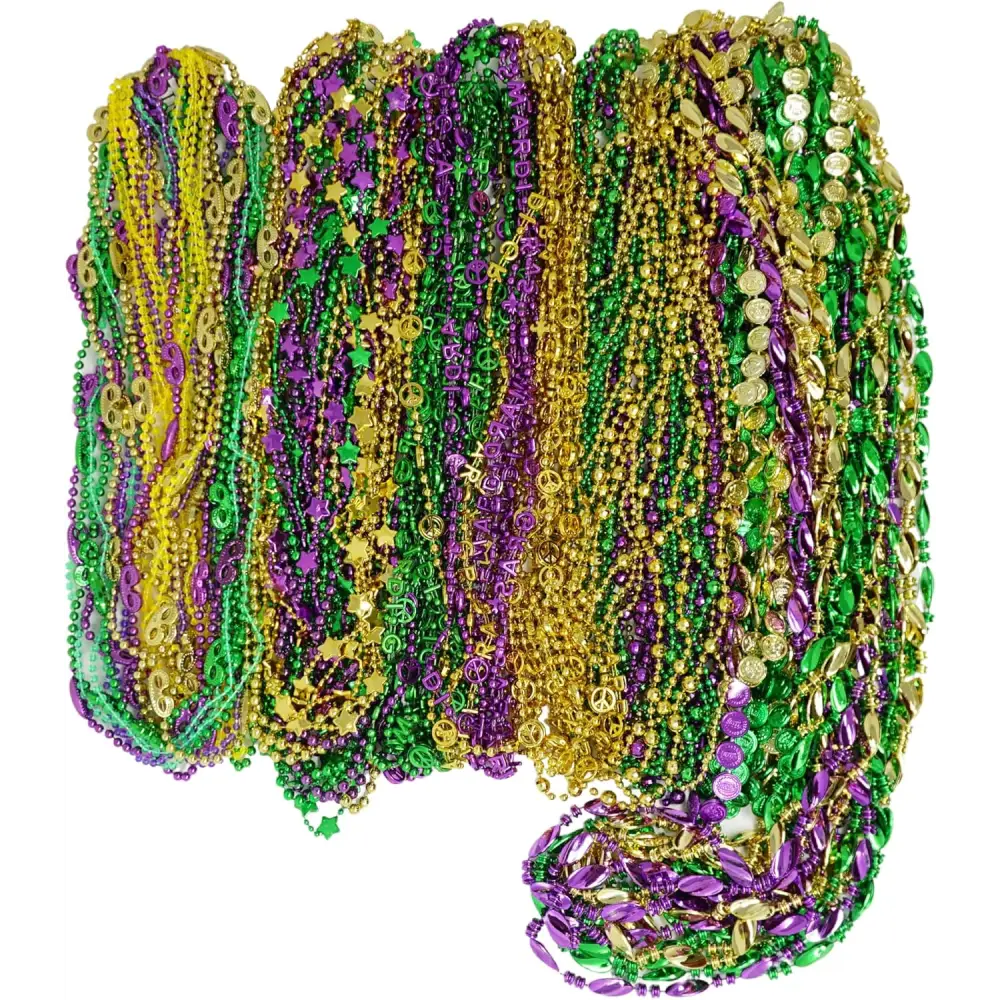 4E’s Novelty 100-Piece Assorted Mardi Gras Bead Necklaces – Metallic Purple Gold Green