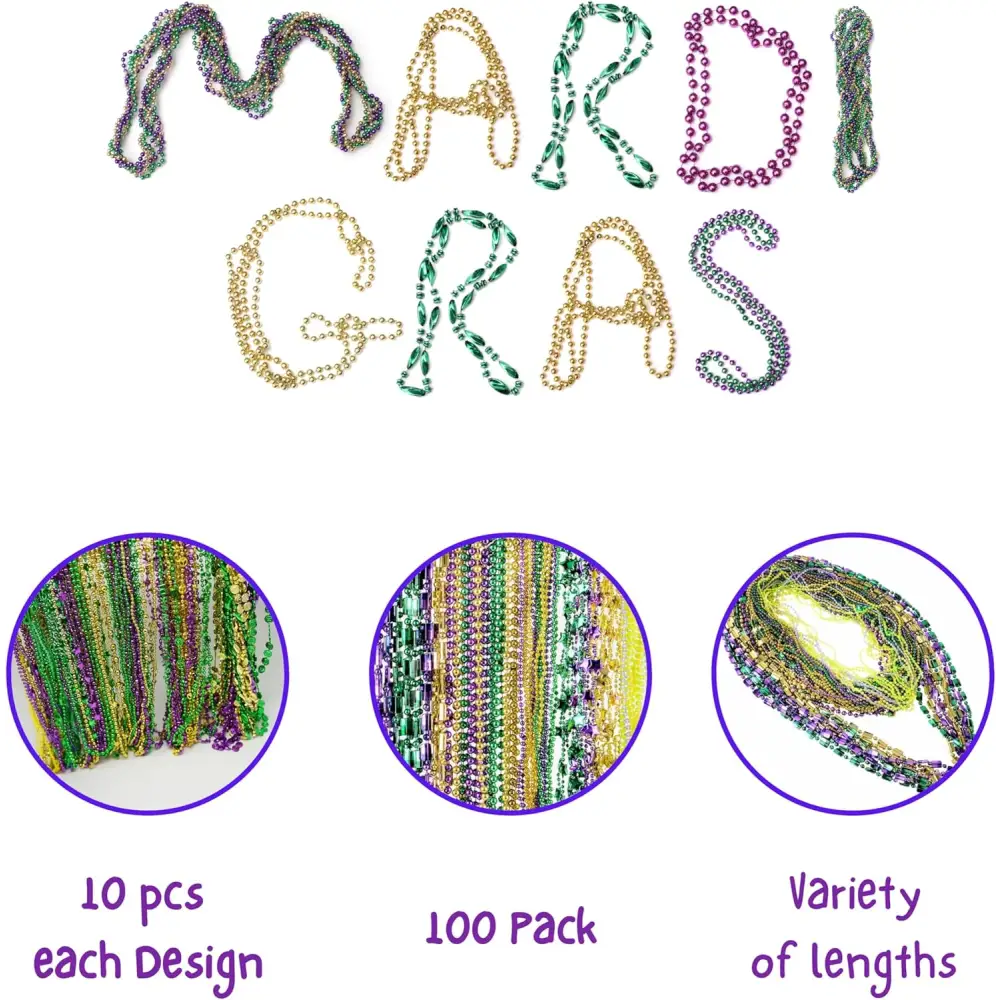 4E’s Novelty 100-Piece Assorted Mardi Gras Bead Necklaces – Metallic Purple Gold Green