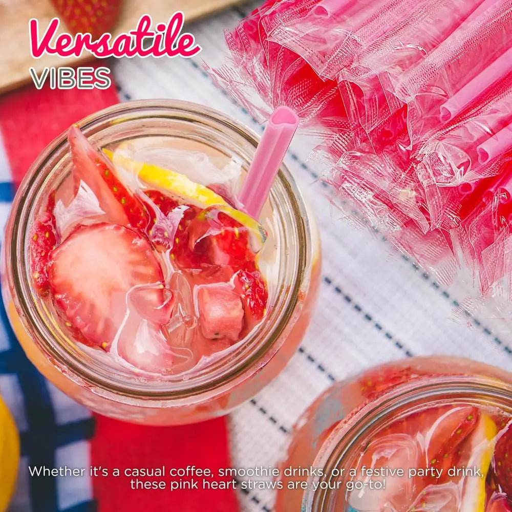 4E’s Novelty 100 Pink Heart Shaped Straws – Individually Wrapped Fun Straws for Valentine’s Day