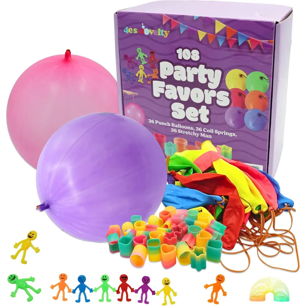 4E’s Novelty 108 Pcs Party Favors for Kids 8-12 – Punch Balloons Coil Springs Stretchy Men Bulk Set
