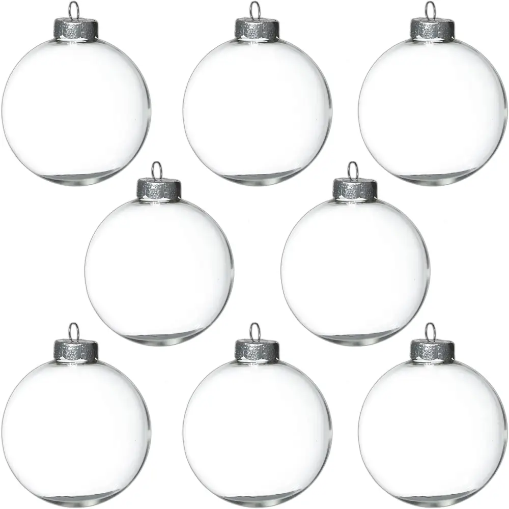 4E’s Novelty 12 Pack 3.15 Inch Glass Christmas Ornament Balls - Large 80mm Fillable Clear Ornaments for Crafts Silver
