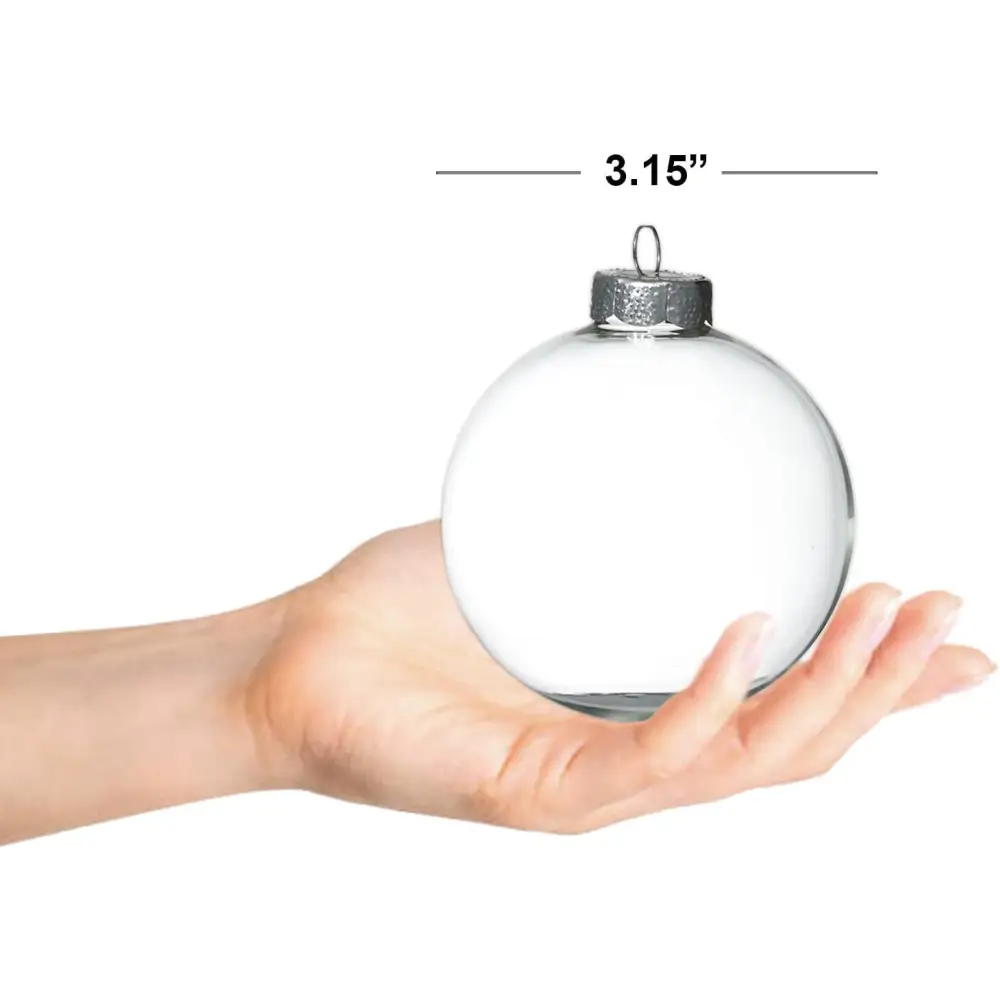 4E’s Novelty 12 Pack 3.15 Inch Glass Christmas Ornament Balls - Large 80mm Fillable Clear Ornaments for Crafts Silver