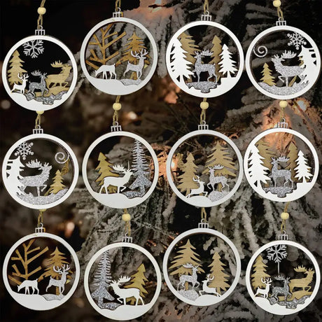 4E’s Novelty 12 Pack 3D Wood Reindeer Ornaments - Rustic Christmas Decorations for Tree or Home Perfect for Festive