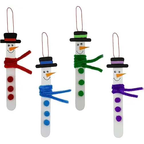 4E’s Novelty 12 Pack Christmas Snowman Stick Ornament Craft Kit - Fun DIY Snowman Ornament Kit Complete Snowman