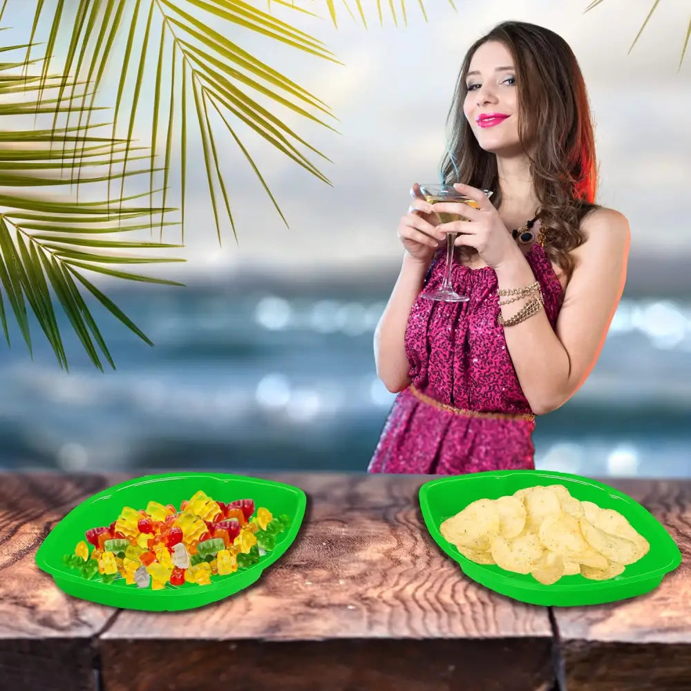 4E’s Novelty 12 Pack Green Leaf Plates for Luau Party Decorations – Cute Luau Party Trays Perfect Hawaiian Party