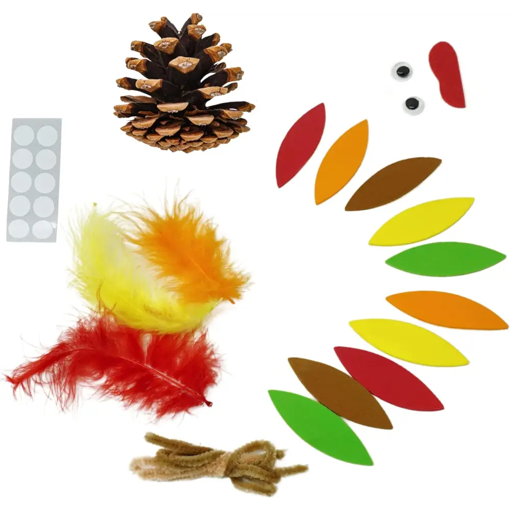 4E’s Novelty 12 Pack Pinecone Turkey Craft Kit - DIY Thanksgiving Crafts for Kids & Adults Turkey Arts and Crafts