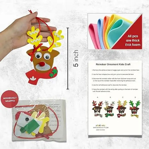 4E’s Novelty 12 Pack Reindeer Face Foam Craft Kit - Updated Edition DIY Reindeer Ornament Craft Christmas Crafts