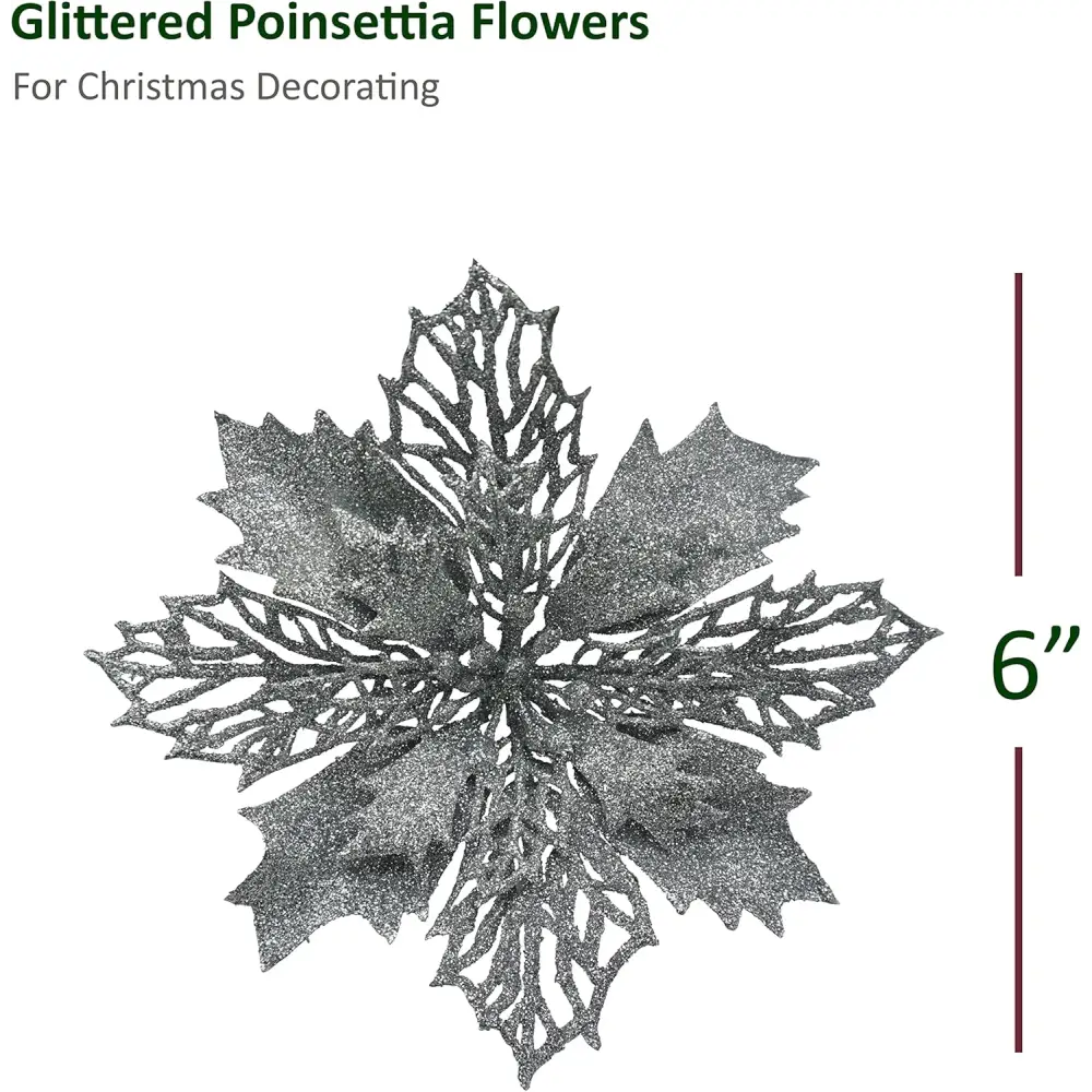 4E’s Novelty 12 Pcs Silver Poinsettia Christmas Decorations – 6’’ Sparkly Artificial Flowers for Tree Wreaths & Garlands