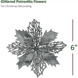 4E’s Novelty 12 Pcs Silver Poinsettia Christmas Decorations – 6’’ Sparkly Artificial Flowers for Tree Wreaths & Garlands
