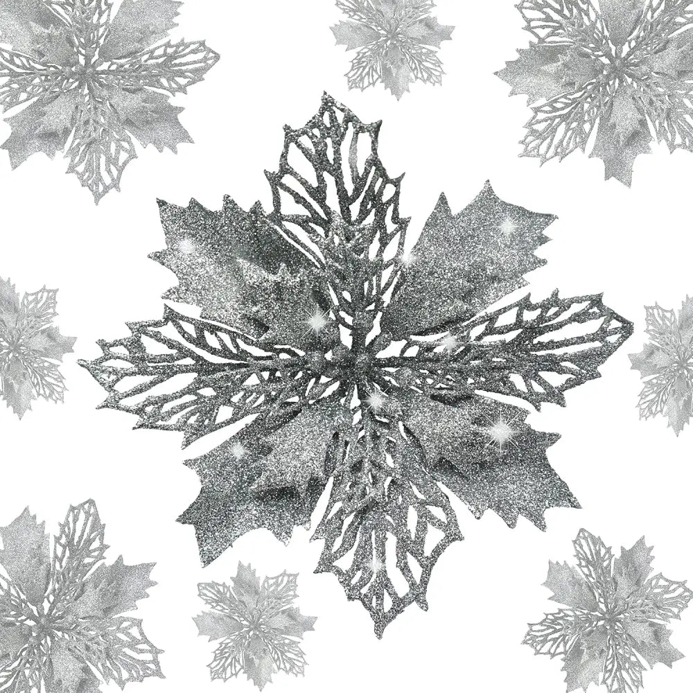4E’s Novelty 12 Pcs Silver Poinsettia Christmas Decorations – 6’’ Sparkly Artificial Flowers for Tree Wreaths & Garlands