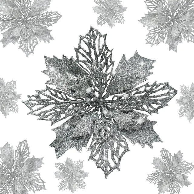 4E’s Novelty 12 Pcs Silver Poinsettia Christmas Decorations – 6’’ Sparkly Artificial Flowers for Tree Wreaths & Garlands