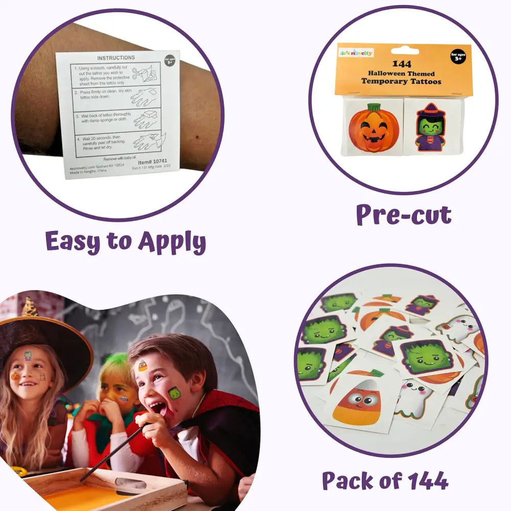 4E’s Novelty 144 Halloween Tattoos for Kids – 2’’ Non-Toxic Pre-Cut Temporary Tattoos Goodie Bag Fillers - Arts & Crafts