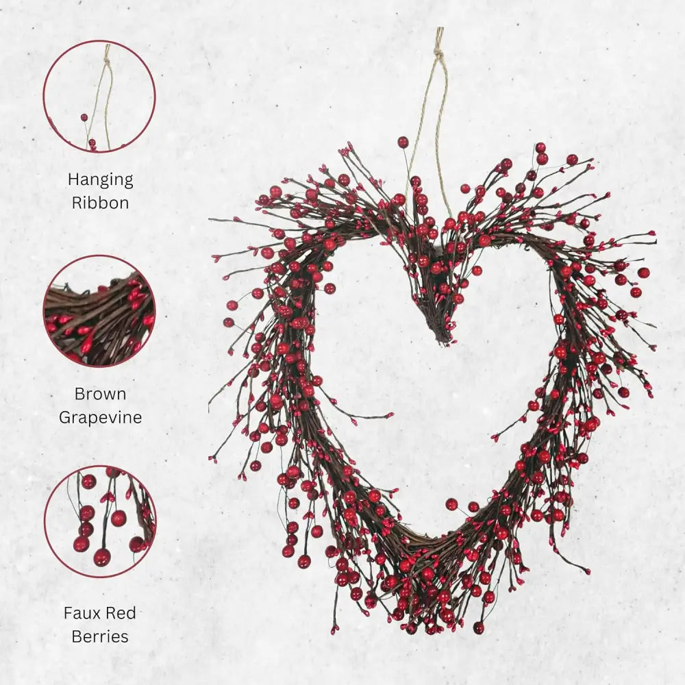 4E’s Novelty 15” Heart Grapevine Wreath – Rustic Valentine Door Wreath with Red Berries