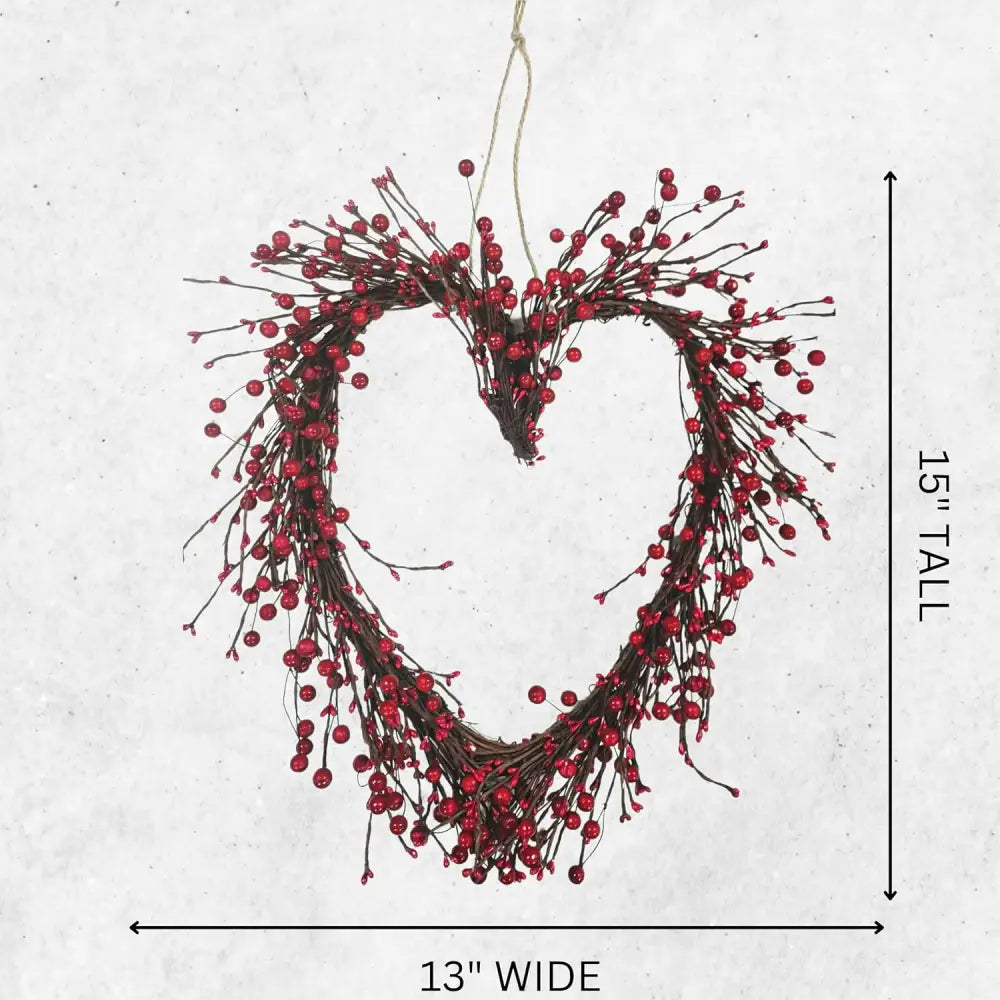 4E’s Novelty 15” Heart Grapevine Wreath – Rustic Valentine Door Wreath with Red Berries