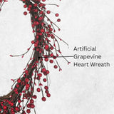 4E’s Novelty 15” Heart Grapevine Wreath – Rustic Valentine Door Wreath with Red Berries