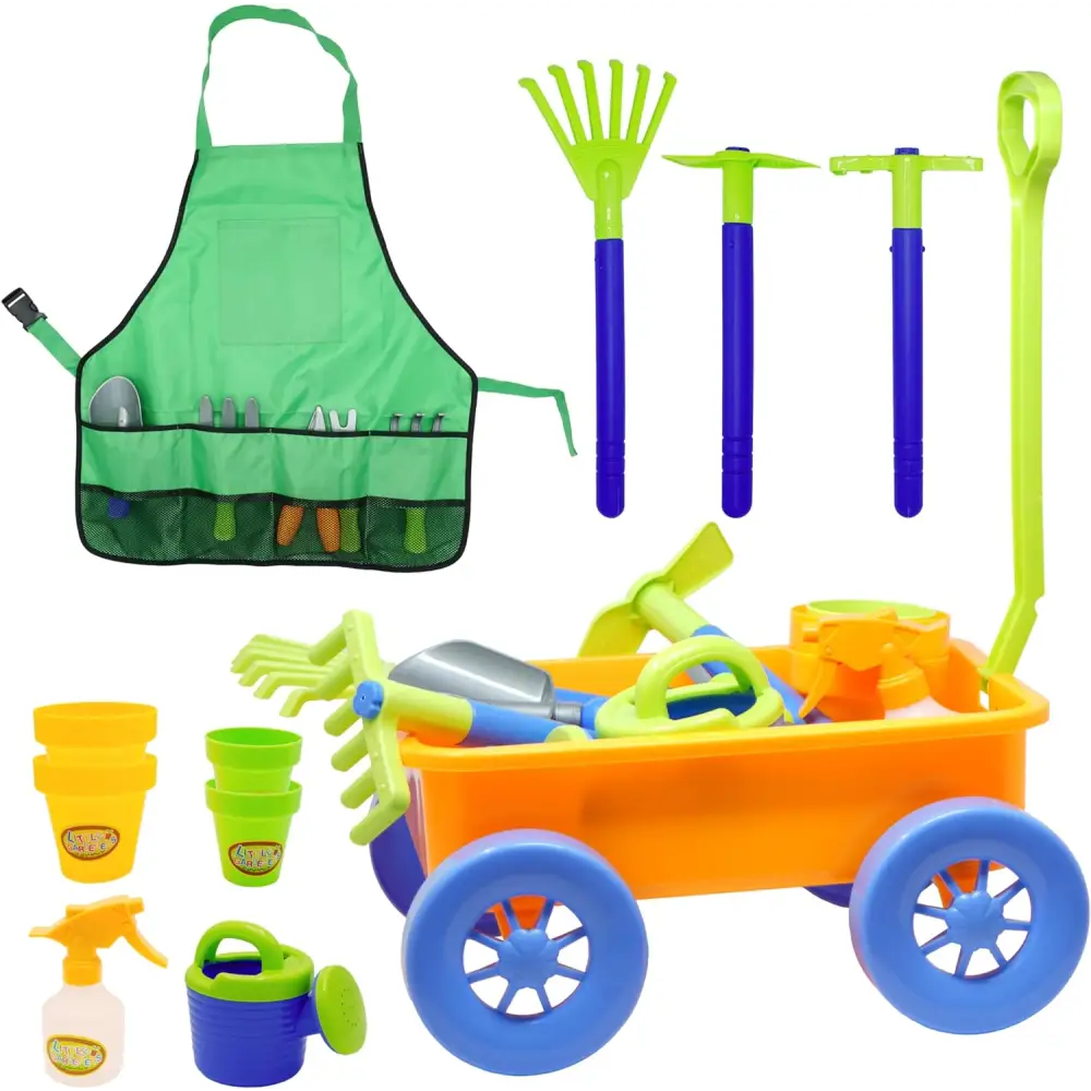 outdoor garden tool set 4E's Novelty 15 Piece Gardening Tools & Wagon Toy Set, Outdoor Toys for Kids