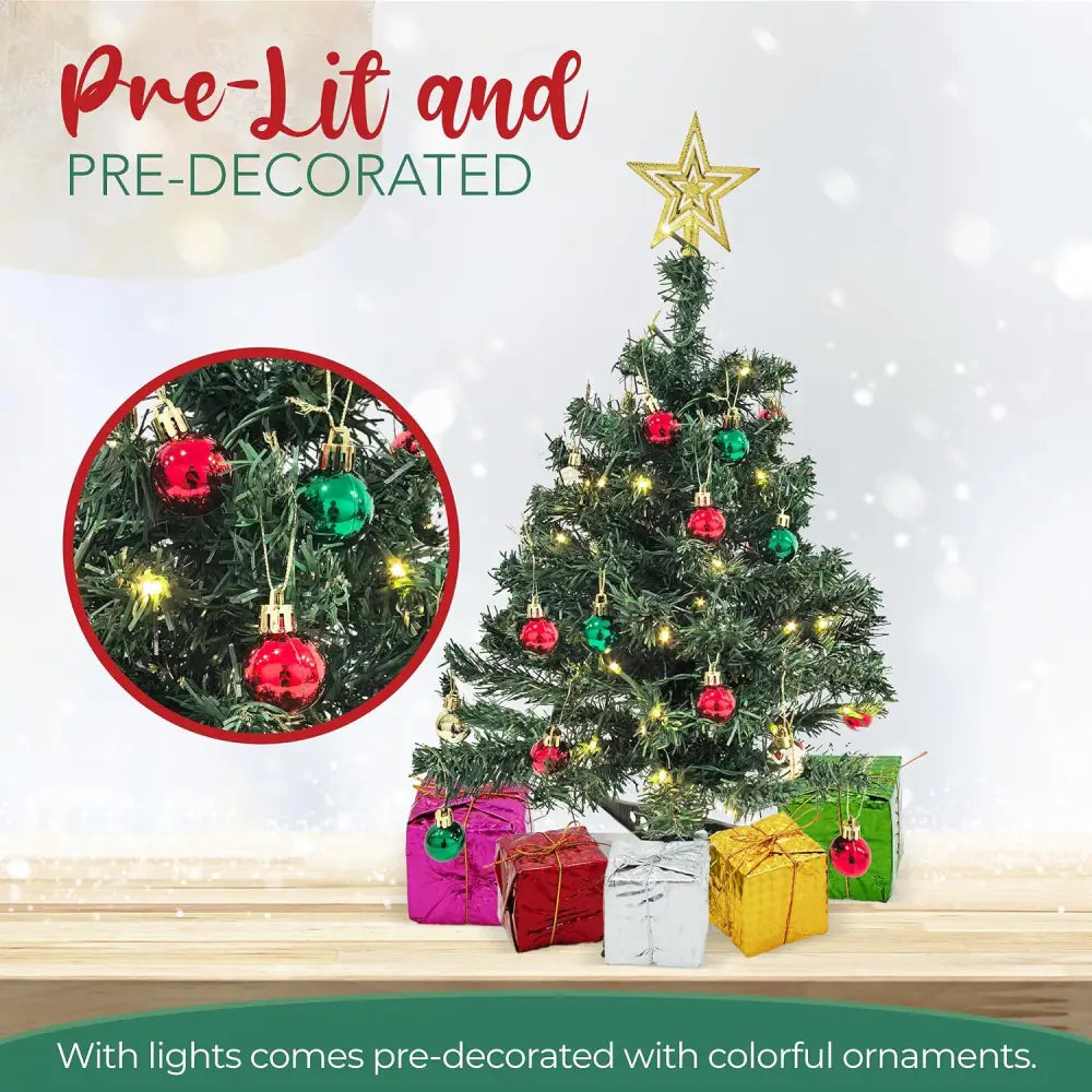 4E’s Novelty 23’’ Pre-Lit Mini Christmas Tree with Star Topper – Desk Tabletop Holiday Decor with Colorful Ornaments
