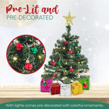 4E’s Novelty 23’’ Pre-Lit Mini Christmas Tree with Star Topper – Desk Tabletop Holiday Decor with Colorful Ornaments