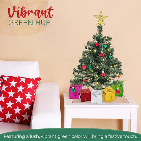 4E’s Novelty 23’’ Pre-Lit Mini Christmas Tree with Star Topper – Desk Tabletop Holiday Decor with Colorful Ornaments