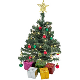 4E’s Novelty 23’’ Pre-Lit Mini Christmas Tree with Star Topper – Desk Tabletop Holiday Decor with Colorful Ornaments