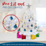 4E’s Novelty 23’’ Pre-Lit White Christmas Tree with Star Topper – Mini Tabletop Tree with Ornaments & Lights