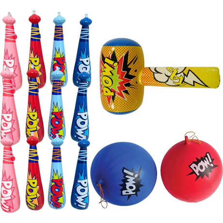 25 Pc Set Pow Inflatable Baseball Bats (12) With Superhero Punch Balloons (12) & Huge 30" Bopper Inflate (1) Superhero Birthday Party Favors for Kids, Party Supplies by 4E's Novelty