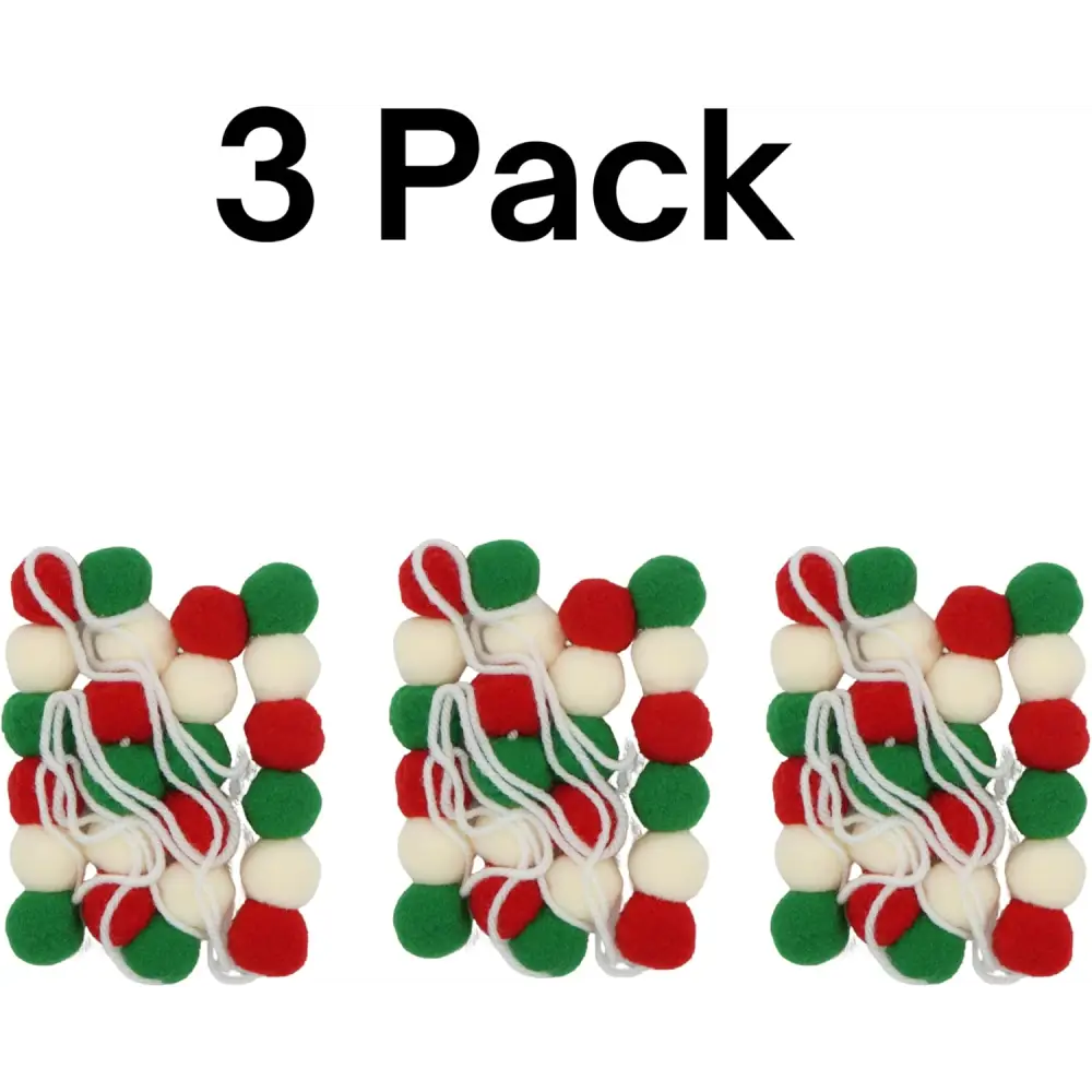 4E’s Novelty 3 Pack Christmas Pom Poms Garland 7ft Each Red White Green Felt Ball Garland for Christmas Tree & Décor