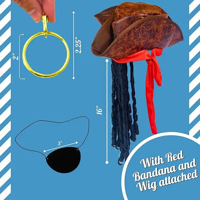 4E's Novelty 3 Pcs Set Pirate Hat with Dreadlocks Adult Size - Tricorn Pirate Hat - Caribbean Pirate Costume Accessories for Men Women & Kids Dress Up
