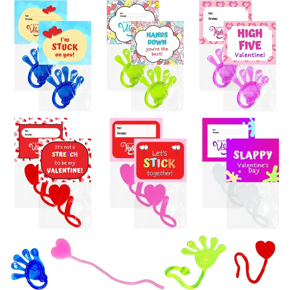 4E’s Novelty 32-Pack Slappy Hands with Valentine Cards – Stretchy Toys for Classroom Fun