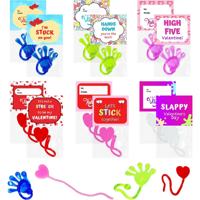 4E’s Novelty 32-Pack Slappy Hands with Valentine Cards – Stretchy Toys for Classroom Fun