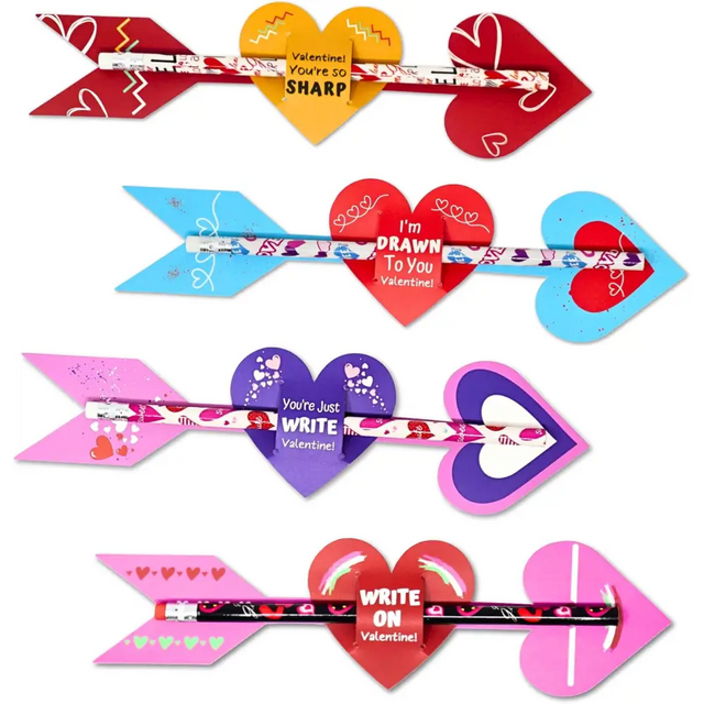 4E’s Novelty 36-Pack Valentine Pencil Set – Pencils Cards & Erasers for Classroom Gifts