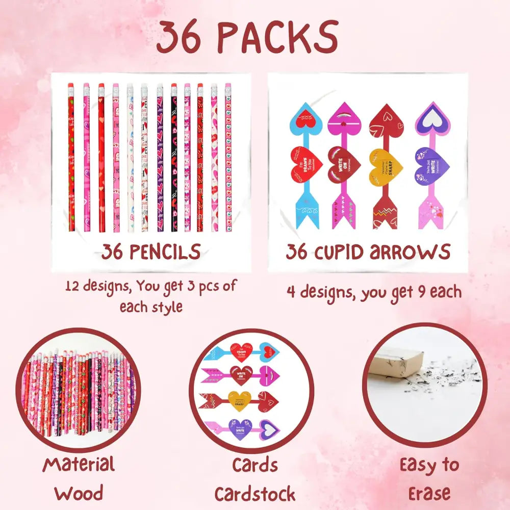 4E’s Novelty 36-Pack Valentine Pencil Set – Pencils Cards & Erasers for Classroom Gifts