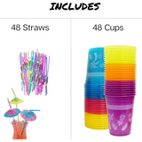 4E’s Novelty 48-Pack Tropical Party Cups with Parasol Straws – Vibrant Hawaiian Luau Drinkware Set