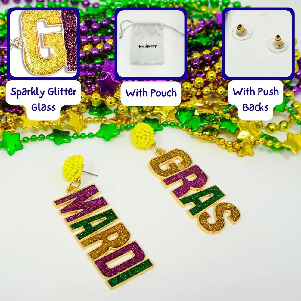 4E’s Novelty Beaded Dangle Earrings for Women – Festive Mardi Gras Fashion Jewelry