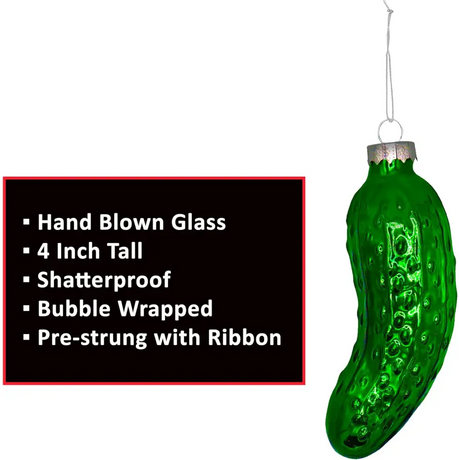 4E’s Novelty Blown Glass Pickle Ornament for Christmas Tree - 1 Pc Sparkly Pre-Strung 4” Christmas Pickle Ornament
