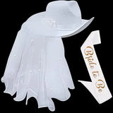Bride Cowgirl Hat with Veil & Sash - Women White Cowboy Hat Bachelorette Party, Bridal Shower Dress Up by 4E's Novelty