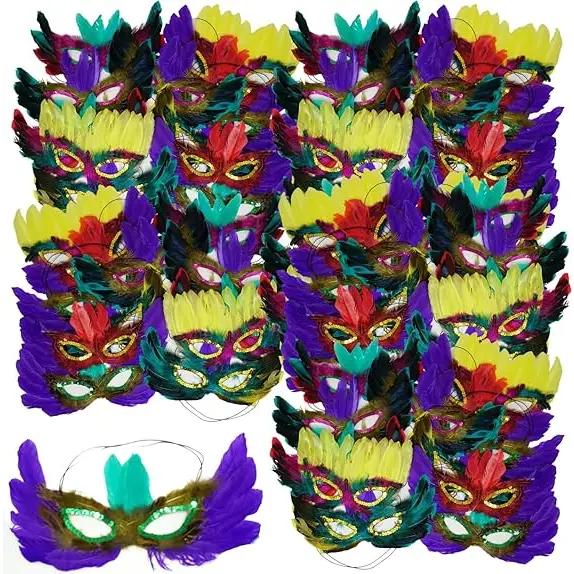 4E’s Novelty Bulk Mardi Gras Feather Masks – 12 Pack Masquerade Party Accessories for Adults