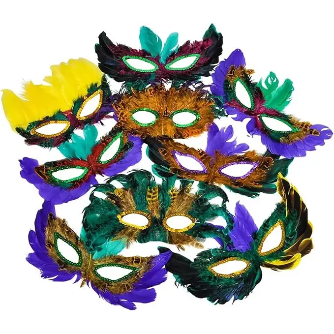 4E’s Novelty Bulk Mardi Gras Feather Masks – 12 Pack Masquerade Party Accessories for Adults