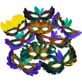 4E’s Novelty Bulk Mardi Gras Feather Masks – 12 Pack Masquerade Party Accessories for Adults