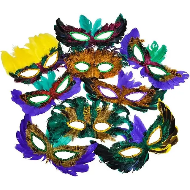 4E’s Novelty Bulk Mardi Gras Feather Masks – 12 Pack Masquerade Party Accessories for Adults
