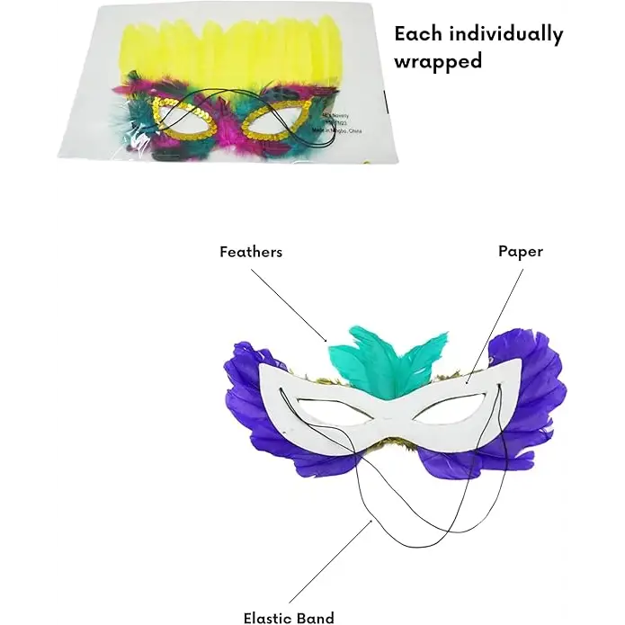 4E’s Novelty Bulk Mardi Gras Feather Masks – 12 Pack Masquerade Party Accessories for Adults
