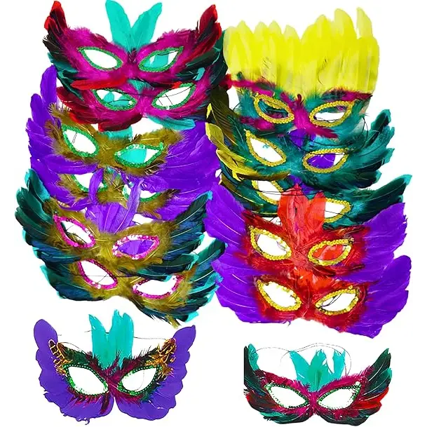 4E’s Novelty Bulk Mardi Gras Feather Masks – 12 Pack Masquerade Party Accessories for Adults
