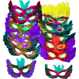 4E’s Novelty Bulk Mardi Gras Feather Masks – 12 Pack Masquerade Party Accessories for Adults