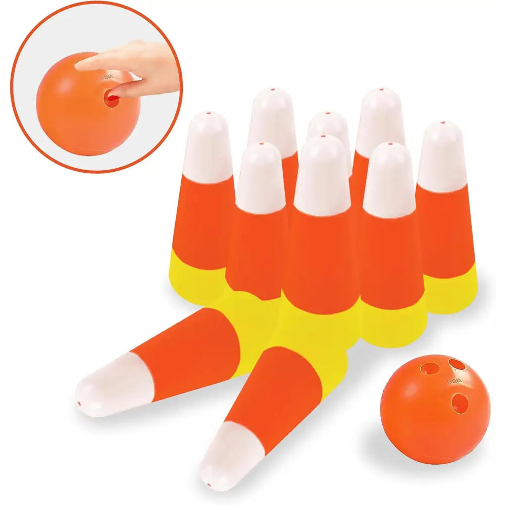 4E’s Novelty Candy Corn Bowling Set for Kids & Adults - Halloween Bowling Game Bowling Ball & 10 Plastic Bowling Pins
