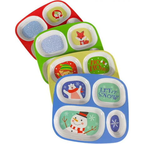 4E's Novelty Christmas Dinnerware Kids Divided Plates (Set of 4) - BPA Free Melamine Christmas Plates for Kids, Fun Holiday Plates with Dividers