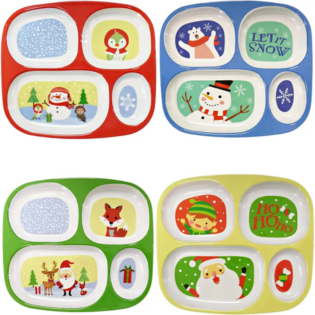 4E's Novelty Christmas Dinnerware Kids Divided Plates (Set of 4) - BPA Free Melamine Christmas Plates for Kids, Fun Holiday Plates with Dividers