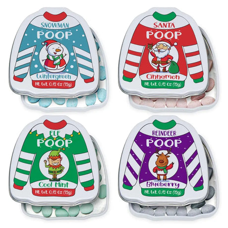 4E’s Novelty Christmas Poop Mint Candy – Funny Stocking Stuffers in Ugly Sweater Tins (4 Pack)